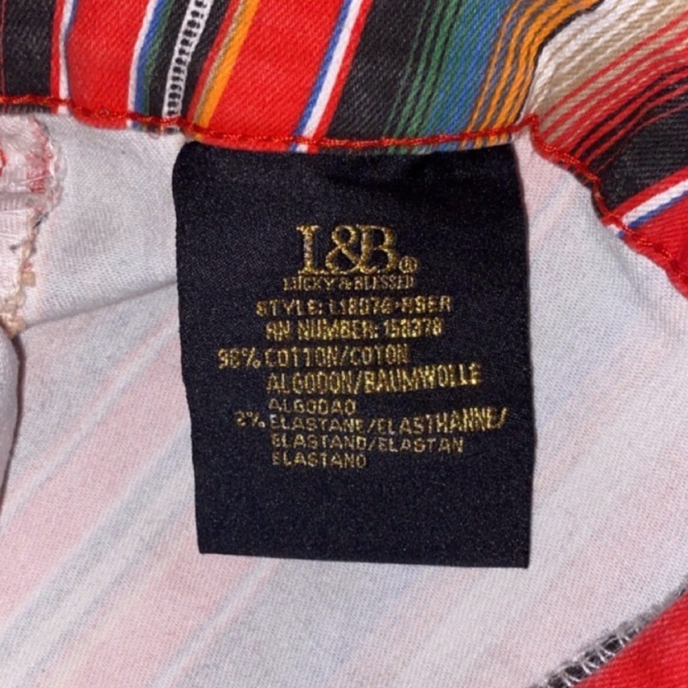 Retro Jeans LUCKY BLESSED HIGH RISE FLARE Serape Stripe Red Black Blue Size 10 - Picture 7 of 10